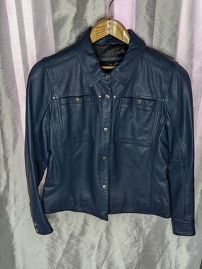 jilD Women's Blue Leather Short Button Front Collared Lined Jacket Pockets L